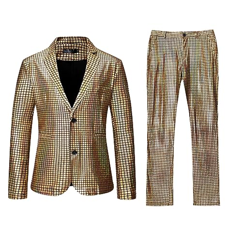 Caxndycing 2 Stück Herren Disco Sets Metallic Pailletten Anzüge 70er Jahre Disco Kostüm inklusive glänzender Jacke und Hose Metallic Pailletten Slim Anzug Zweiteiliges Set von Caxndycing