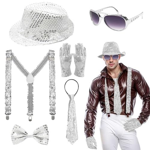Caxndycing 6 Stück 70er JahreDisco Outfit Herren Accessories 70er Jahre Glitzer Outfit Herren, Pailletten Hut Sliver Set Herren für Fasching Party, Jazz Dance Performence von Caxndycing
