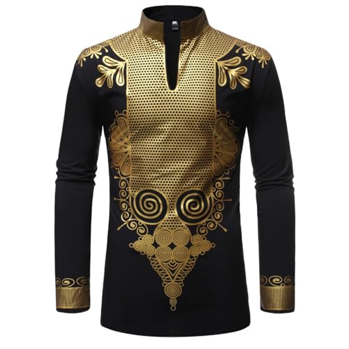 Caxndycing Afrikanisches Herren Outfit Langarm Dashiki Afrika Drucken Langarmshirts Basic T-Shirt Fit Slim Bluse Top Afrikanischer Adel Kleidung von Caxndycing