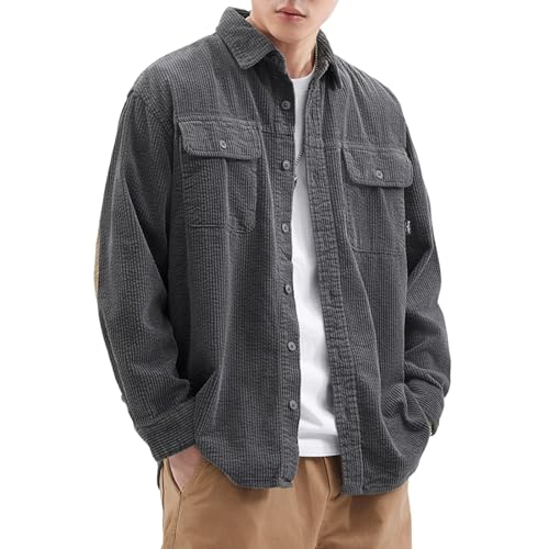 Caxndycing Corduroy Hemd Herren Cord Langarm Freizeithemd mit Klappentasche Männer Jacke Button Up Hemdjacke Regular Fit Herrenhemd Knopfleiste Stehkragen Leichte Cordjacke von Caxndycing