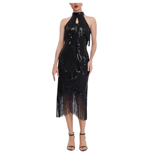 Caxndycing Damen Pailletten Kleid Knielang Neckholder Cocktailkleid Bodycon Partykleid Festliches Glitzer Kleid 1920er Gatsby Pailletten Fransen Vintage Flapper Kleid von Caxndycing