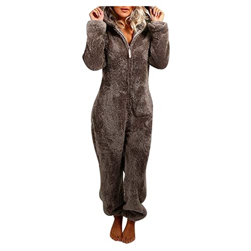 Caxndycing Damen Winter Onesie Schlafoverall Ganzkörperanzug Reißverschluss Jumpsuit Damen Teddy Fleece Einteiler Overall Anzug Flauschig Schlafanzug Plüsch Kuschelig Overall Hausanzug von Caxndycing