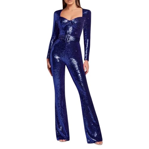 Caxndycing Disco Kostüm Damen 70er Jahre Outfit Damen Glitzer Jumpsuit Pailletten Overall für Erwachsene mit Gürtel für Bühnenauftritt und Weinachts Verkleidungsparty von Caxndycing