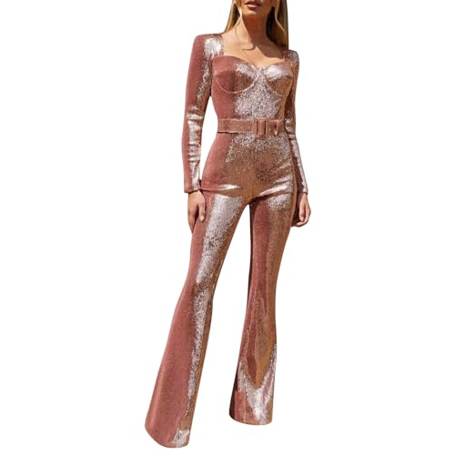 Caxndycing Disco Kostüm Damen 70er Jahre Outfit Damen Glitzer Jumpsuit Pailletten Overall für Erwachsene mit Gürtel für Bühnenauftritt und Weinachts Verkleidungsparty von Caxndycing