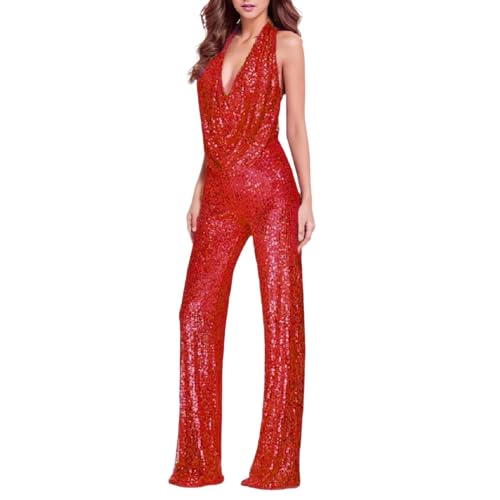 Caxndycing Disco Kostüm Damen 70er Jahre Outfit Damen Glitzer Jumpsuit Pailletten Overall für Erwachsene mit Gürtel für Bühnenauftritt und Weinachts Verkleidungsparty von Caxndycing