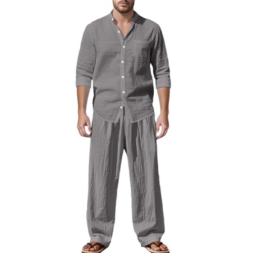Caxndycing Freizeitanzug Herren Musselin Anzug Einfarbig Sommer Leicht Sportanzug Lässiges Jogginganzug Casual 2 Teiliges Langarmhemd und Sommerhose Stoff Sommeranzug von Caxndycing