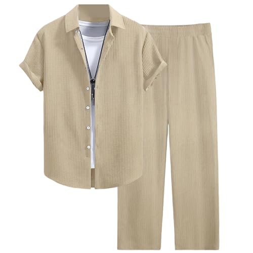 Caxndycing Freizeitanzug Herren Sommer Outfit Sportanzug 2 Teiliges Einfarbig Jogginganzug V-Ausschnitt Kurzarmhemd und Hosen Set Musslin Loungewear Hosenanzug von Caxndycing