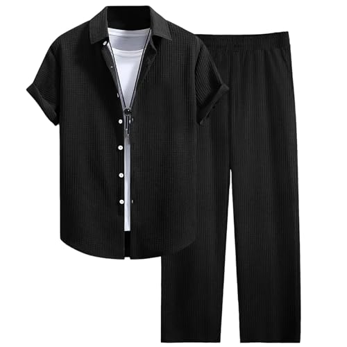 Caxndycing Freizeitanzug Herren Sommer Outfit Sportanzug 2 Teiliges Einfarbig Jogginganzug V-Ausschnitt Kurzarmhemd und Hosen Set Musslin Loungewear Hosenanzug von Caxndycing