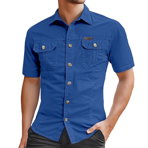 Caxndycing Freizeithemden Für Herren Kurzarm Cargo Arbeitshemd Doppeltasche Baumwolle Arbeitsshirt Atmungsaktiv Bequeme Sporthemd mit Knopfleiste Sommershirt Einfarbig Oberteile von Caxndycing