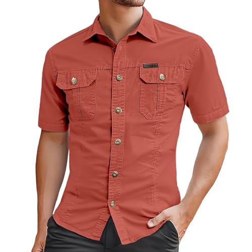 Caxndycing Freizeithemden Für Herren Kurzarm Cargo Arbeitshemd Doppeltasche Baumwolle Arbeitsshirt Atmungsaktiv Bequeme Sporthemd mit Knopfleiste Sommershirt Einfarbig Oberteile von Caxndycing