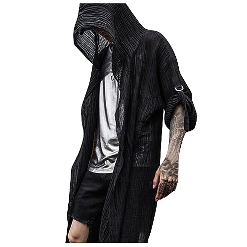 Caxndycing Gothic Herren Transparent Jacken Mesh Durchsichtige Langer Cardigan mit Kapuze Steampunk Vintage Viktorianischen Cosplay Kostüm Dünn Leichter Unifarben Cape Kapuzenjacke von Caxndycing