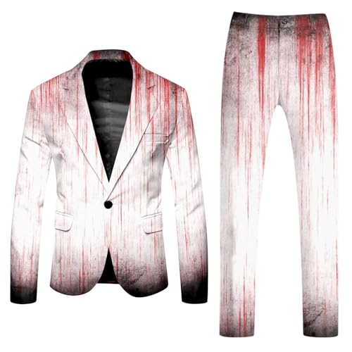 Caxndycing Halloween Anzug Herren Blutspritzer Horror Outfits Casual Rundhalsausschnitt Blutspritzer Muster Blazer Hose Entsetzen Blutig Bedruckt Sakko Anzughose Blutiger Anzüge von Caxndycing