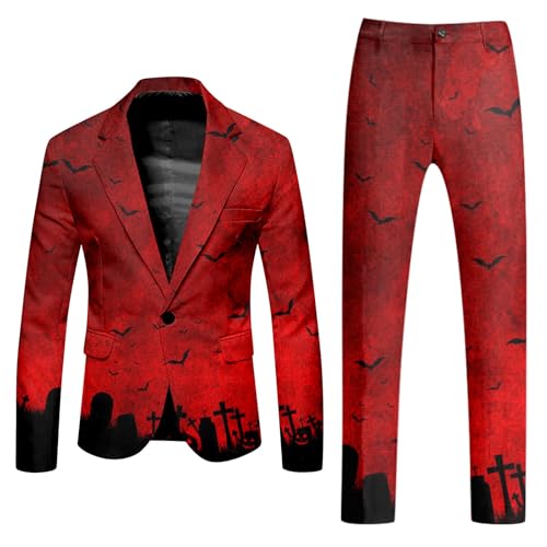 Caxndycing Halloween Anzug Herren Blutspritzer Horror Outfits Casual Rundhalsausschnitt Blutspritzer Muster Blazer Hose Entsetzen Blutig Bedruckt Sakko Anzughose Blutiger Anzüge von Caxndycing
