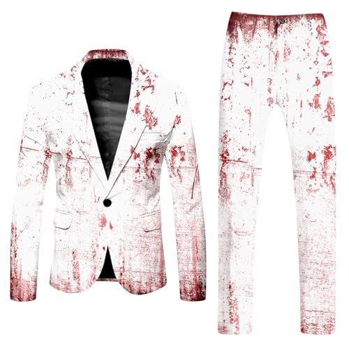 Caxndycing Halloween Anzug Herren Blutspritzer Horror Outfits Casual Rundhalsausschnitt Blutspritzer Muster Blazer Hose Entsetzen Blutig Bedruckt Sakko Anzughose Blutiger Anzüge von Caxndycing