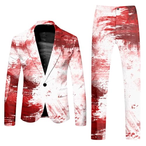 Caxndycing Halloween Anzug Herren Casual Rundhalsausschnitt Blutspritzer Muster Oberteile Blazer Entsetzen Blutig Bedruckt Anzugjacke Anzughose Blutiger Anzug für Karneval Fasching von Caxndycing