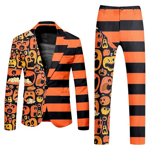 Caxndycing Halloween Anzug Herren Kürbis Farbblock Outfits Schmale Passform Inklusive Blazer und Hose 3D Pumpkin Druck Set Party Lustige Abschlussball Anzüge für Karneval und Mottopartys von Caxndycing