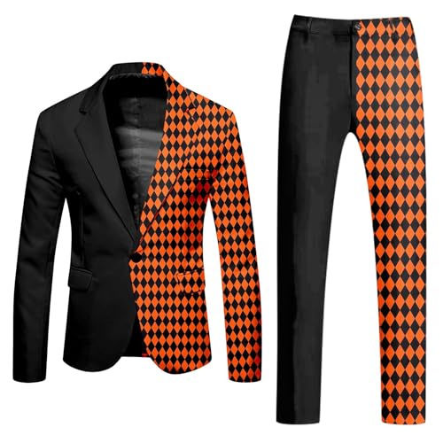 Caxndycing Halloween Anzug Herren Kürbis Farbblock Outfits Schmale Passform Inklusive Blazer und Hose 3D Pumpkin Druck Set Party Lustige Abschlussball Anzüge für Karneval und Mottopartys von Caxndycing