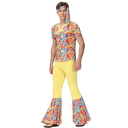 Caxndycing Halloween Kostüm 70er Jahre Anzug T-Shirt und Hose Hippie Reggae Flower Power Disco Fever Schlagermove Party Performance Buntes Outfits für Männer Karneval Fasching von Caxndycing