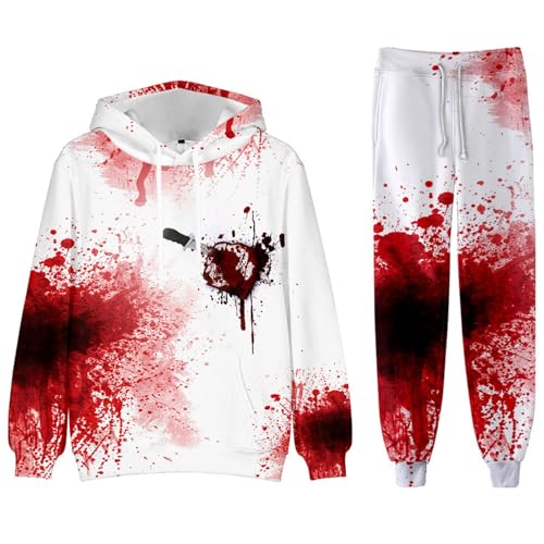 Caxndycing Halloween Kostüm Herren Blutig Bedurckt Jogging Anzug Set Herrne 2 Teiler Jogginganzug Mit Blutspritzer Blood Satin Hoodie und Jogginghose Y2K Gothic Trainingsanzug von Caxndycing