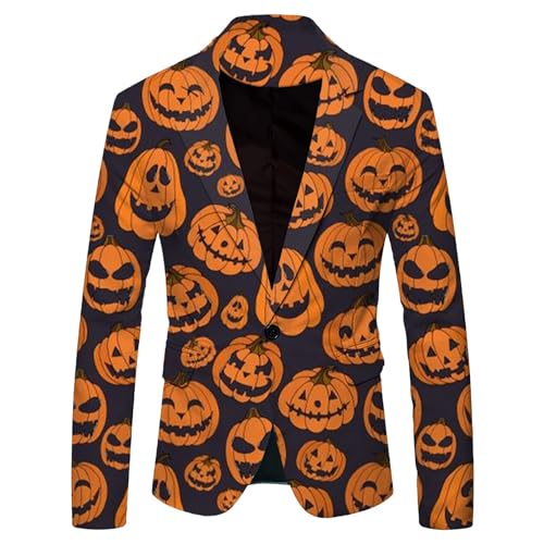 Caxndycing Halloween Kostüm Herren Kürbis Sakko Freizeit Anzügejacke Regular Fit Funky Herrenanzüge Pumpkin Muster Blazer Anzug Suit Farbigen Jacket mit Knöpfen Smoking für Hochzeit Party von Caxndycing