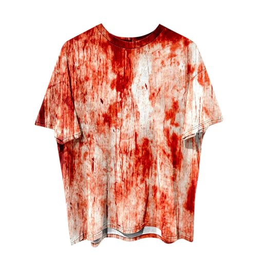 Caxndycing Halloween T-Shirt Herren Bloodstained Rundhalsausschnitt Blutspritzer Muster Oberteile Hemd Entsetzen Blutiges Shirt Horror Zerrissen T Shirts Kurzarm Thema Tops von Caxndycing