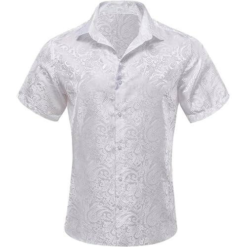 Caxndycing Hemd Herren Kurzarm Satin Sommerhemd Jacquard Blumenmuster Kurzarmhemd Button Down Freizeithemd Elegant Bügelfrei Herrenhemden Luxuriöses Strandhemd von Caxndycing