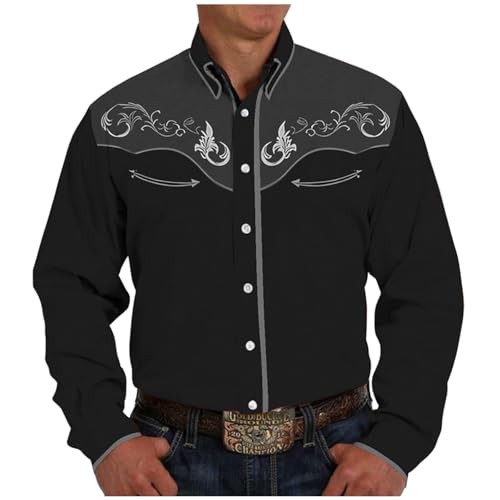 Caxndycing Hemd Herren Langarm Bestickt Cowboy Druck Hemden Western-Stil Hemden Stickerei Westernhemd Mode Traditionelles Bestickt Shirt Vintage Langarmhemd Karneval Kostüm Shirts von Caxndycing