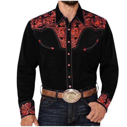 Caxndycing Hemd Herren Langarm Bestickt Cowboy Druck Hemden Western-Stil Hemden Stickerei Westernhemd Mode Traditionelles Bestickt Shirt Vintage Langarmhemd Karneval Kostüm Shirts von Caxndycing