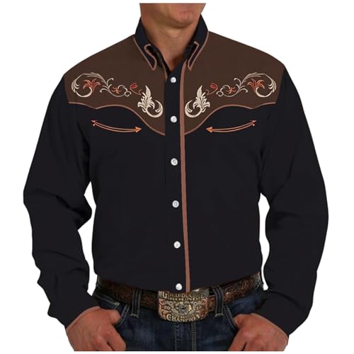 Caxndycing Hemd Herren Langarm Bestickt Cowboy Druck Hemden Western-Stil Hemden Stickerei Westernhemd Mode Traditionelles Bestickt Shirt Vintage Langarmhemd Karneval Kostüm Shirts von Caxndycing