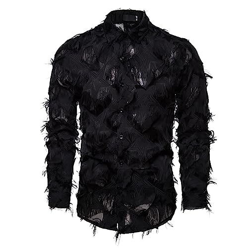 Caxndycing Hemden Herren Langarm Federhemd Vintage Künstliche Dreidimensional Feder Shirt Klassisch Gothic Tops mit Knöpfen Männer Club Perfomance Kleidung Kostüm Premium Federn Oberteile von Caxndycing