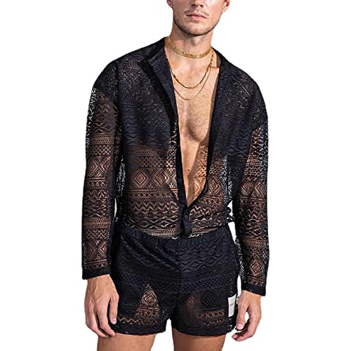 Caxndycing Herren 2 Stück Sexy Transparent Schlafanzug Sommer Hohlen Netz Hausanzug 2 Teile Durchsichtig Langarm Hemden und Shorts Set Männer Mode Sleepwear Loungewear mit V-Ausschnitt von Caxndycing