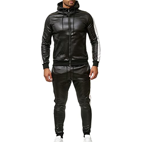 Caxndycing Herren Anzug Patchwork Kapuze Ledermantel Lederhose zweiteiliger PU Leder Sportanzug Sportbekleidung Trainingsanzug Herren Mit Kapuze Langarm Sweatjacke Mit Taschen Hoodie Jogginghose von Caxndycing