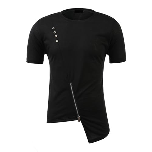 Caxndycing Herren Asymetric Zipper T-Shirt mit Knöpfen Reißverschlüsse Button Down Kurzarmshirt Rundhalsausschnitt Unregelmäßiges Shirt Asymmetrisches Slim Fit Tops Fashion Stretch Oberteile von Caxndycing