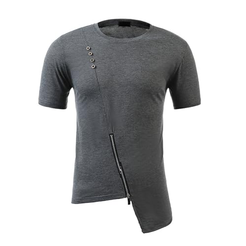 Caxndycing Herren Asymetric Zipper T-Shirt mit Knöpfen Reißverschlüsse Button Down Kurzarmshirt Rundhalsausschnitt Unregelmäßiges Shirt Asymmetrisches Slim Fit Tops Fashion Stretch Oberteile von Caxndycing