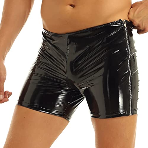 Caxndycing Herren Boxershorts Leder Shorts Schwarz Wetlook sexy Unterwäsche Hot Pants mit Latex Lack Leder Optik Ouvert Dessous Erotik Reizwäsche Männer Boxershorts Wetlook Lack Leder Unterwäsche von Caxndycing