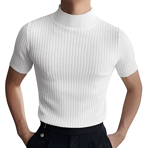 Caxndycing Herren Casual Basic Tops Kurzarm Shirt Turtleneck T-Shirts Rippe Gestrickt Stretch Trikot Pullover Kurzarm Shirt mit Rollkragen Einfarbig T Shirt für Männer Freizeit Top von Caxndycing