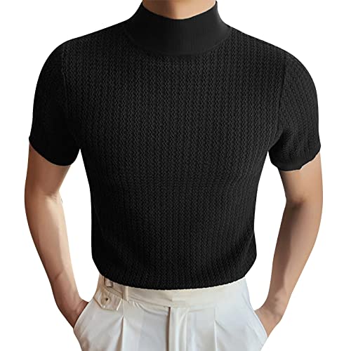 Caxndycing Herren Casual Basic Tops Kurzarm Shirt Turtleneck T-Shirts Rippe Gestrickt Stretch Trikot Pullover Kurzarm Shirt mit Rollkragen Einfarbig T Shirt für Männer Freizeit Top von Caxndycing