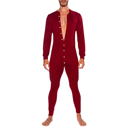 Caxndycing Herren Einteiler Body Bodysuit Langarm Shirt Unterhemd Jumpsuit mit Knöpfen im Schritt Einfarbige Thermounterwäsche Stretch Nachtwäsche Erwachsene Strampler Pyjama mit offenem Schritt von Caxndycing