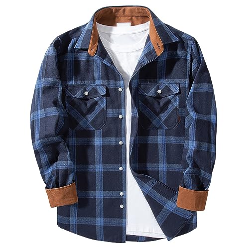 Caxndycing Herren Flanellhemd Langarm Kariertes Druckknöpfe Baumwolle mit Tasche Normale Passform Freizeithemd Kariert Hemd Langarm Arbeitshemd Regular fit Holzfäller Karohemd with Doppeltasche von Caxndycing