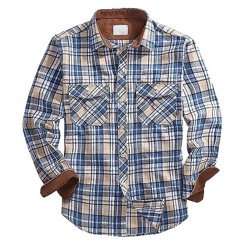 Caxndycing Herren Flanellhemd Langarm Kariertes Druckknöpfe Baumwolle mit Tasche Normale Passform Freizeithemd Kariert Hemd Langarm Arbeitshemd Regular fit Holzfäller Karohemd with Doppeltasche von Caxndycing