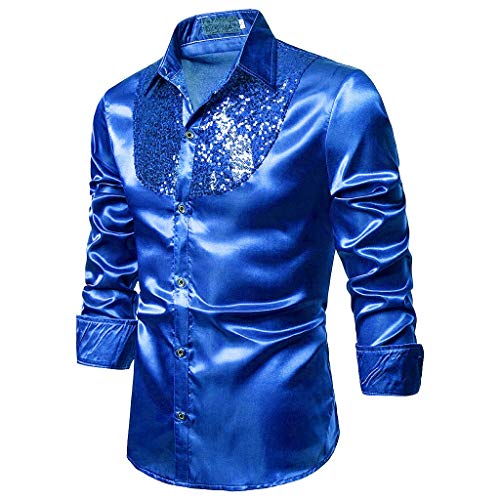 Caxndycing Herren Glänzend Metallisch Shirt Pailletten Hemd 70er Langarm Disco Party Kostüm Reverskragen Freizeithemd Langarm Männer Unterhemd Button Down Slim Fit Silvester Outfit von Caxndycing