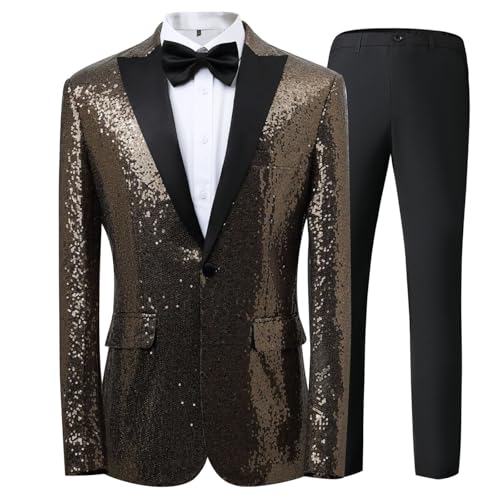 Caxndycing Herren Glitzer Anzug mit Pailletten Smoking 2Teilig Gold Anzuge für Party Abschlussball Slim Fit Jacke Hose Weste Set Casual Business British Style Blazer Mantel Hosen Westen Anzüge von Caxndycing