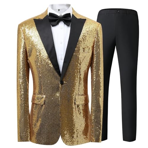 Caxndycing Herren Glitzer Anzug mit Pailletten Smoking 2Teilig Gold Anzuge für Party Abschlussball Slim Fit Jacke Hose Weste Set Casual Business British Style Blazer Mantel Hosen Westen Anzüge von Caxndycing