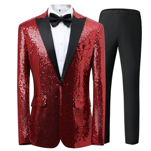 Caxndycing Herren Glitzer Anzug mit Pailletten Smoking 2Teilig Gold Anzuge für Party Abschlussball Slim Fit Jacke Hose Weste Set Casual Business British Style Blazer Mantel Hosen Westen Anzüge von Caxndycing