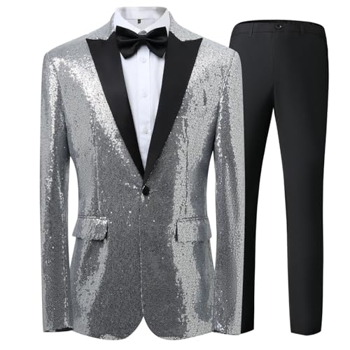 Caxndycing Herren Glitzer Anzug mit Pailletten Smoking 2Teilig Gold Anzuge für Party Abschlussball Slim Fit Jacke Hose Weste Set Casual Business British Style Blazer Mantel Hosen Westen Anzüge von Caxndycing