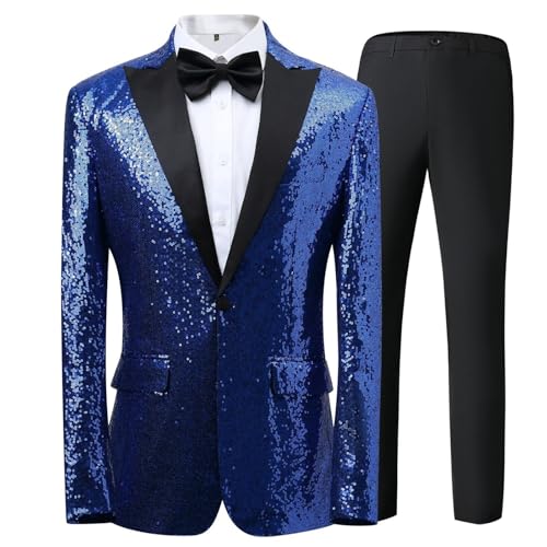 Caxndycing Herren Glitzer Anzug mit Pailletten Smoking 2Teilig Gold Anzuge für Party Abschlussball Slim Fit Jacke Hose Weste Set Casual Business British Style Blazer Mantel Hosen Westen Anzüge von Caxndycing