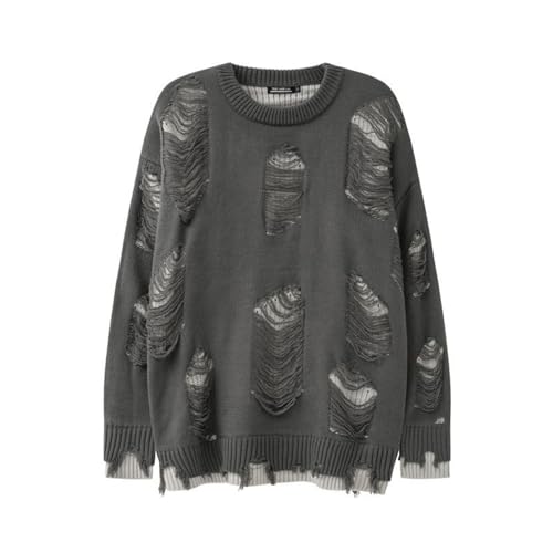 Caxndycing Herren Gothic Punk Grunge Pullover Langarm Rundhals Oversize Zerrissene Lange Strickpullover Vintage Ripped Torn Longpullover Y2k Gestrickte Harajuku Oberteile Winter Tops von Caxndycing