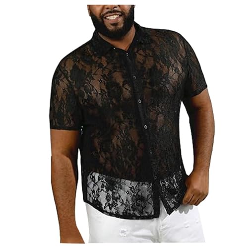 Caxndycing Herren Hemd Transparent Kurzarm Freizeithemd Männer Spitzenhemd Outfit Herren Transparent Blumen Spitze Button Down Hemd von Caxndycing