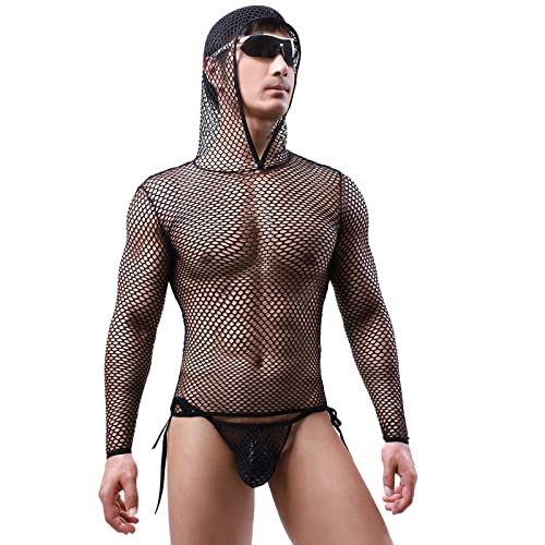 Caxndycing Herren Hoodie Fischnetz Reizvoll Transparent Hoodie Unterhemd Langarm Netz Muskelshirt Loose Fit Herrenhemd mit Kapuze Männer Fitness Top Sommer Durchsichtig Oberteil von Caxndycing