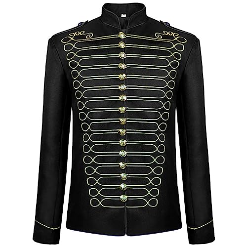 Caxndycing Herren Jacke Military Drummer Männer Uniformjacke schwarz Gothic Industrial Steampunk Kleidung Stehkragen Langarm Freizeitjacke Jacke Gothic Vintage Kostüm Mittelalterliche von Caxndycing